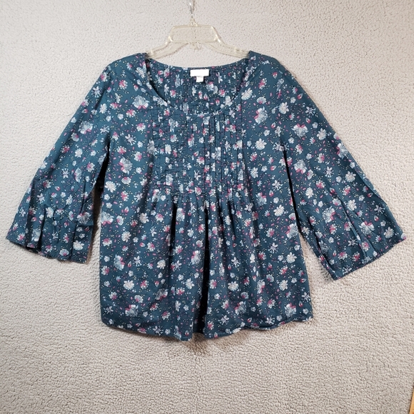J Jill Peasant Top XL Blue Peacock Floral Print Flared Sleeves Pintuck Pleated - Picture 1 of 9